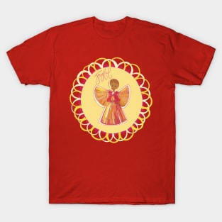 Scandinavian straw angel in wreath of pink and yellow with Joyful phrase T-Shirt